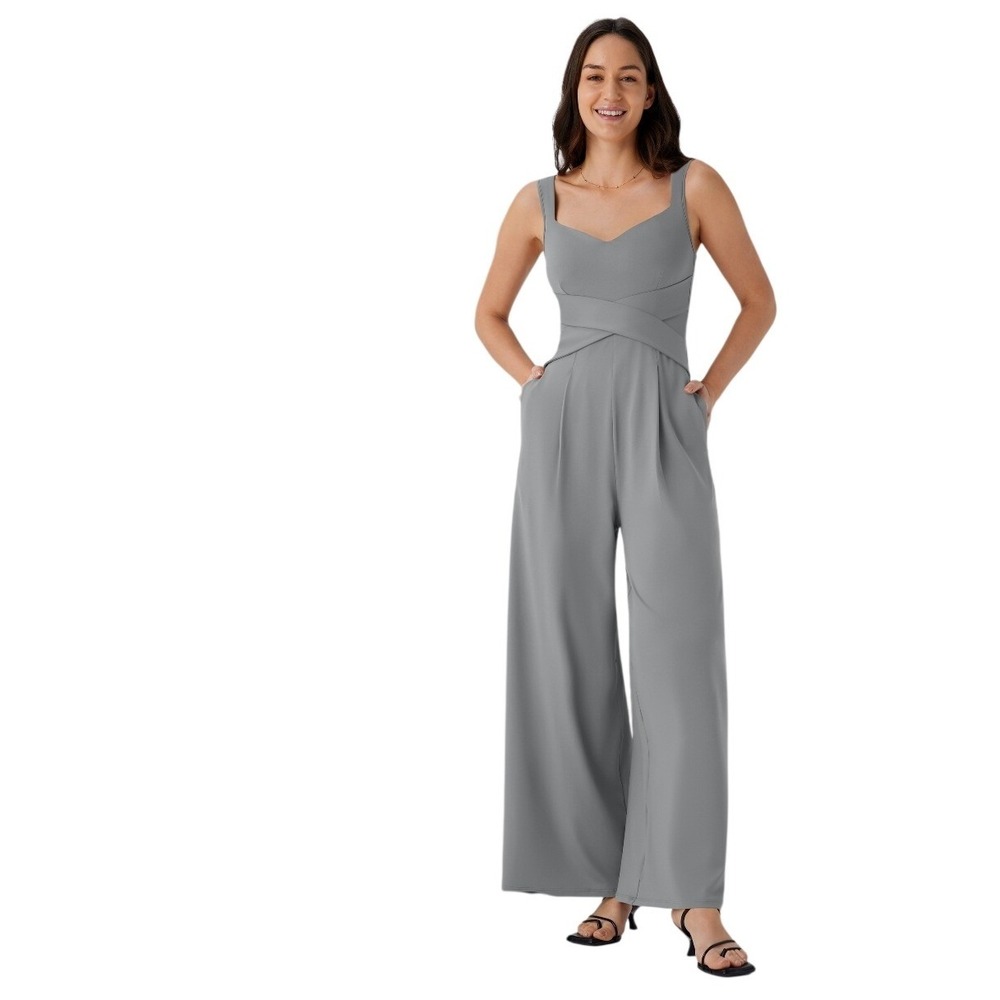 Halara NEW Grey Wide Leg Jumpsuit Sweetheart Neck Cross Waist Pockets XS Regular